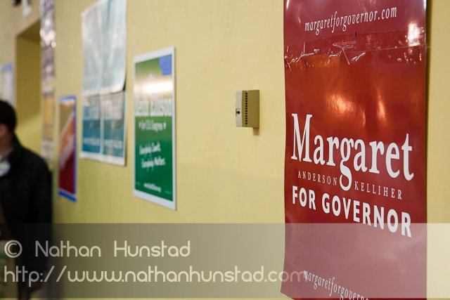 Campaign signs on the walls at the SD59 convention